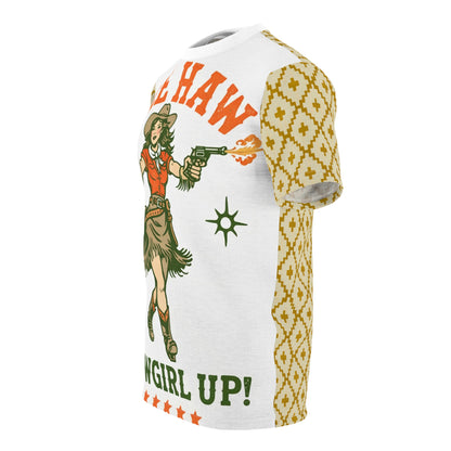 Cowgirl 'Yee Haw' Graphic Tee — Cowgirl Up Retro Western All-Over Print