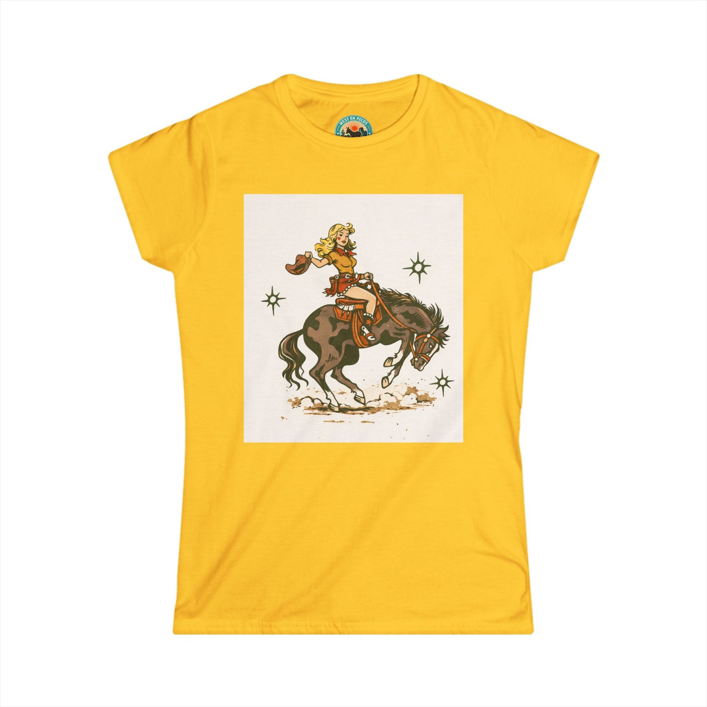 Western Cowgirl Riding Bucking Bronco T-Shirt — Vintage Rodeo Graphic Tee for Women