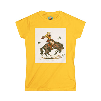 Western Cowgirl Riding Bucking Bronco T-Shirt — Vintage Rodeo Graphic Tee for Women