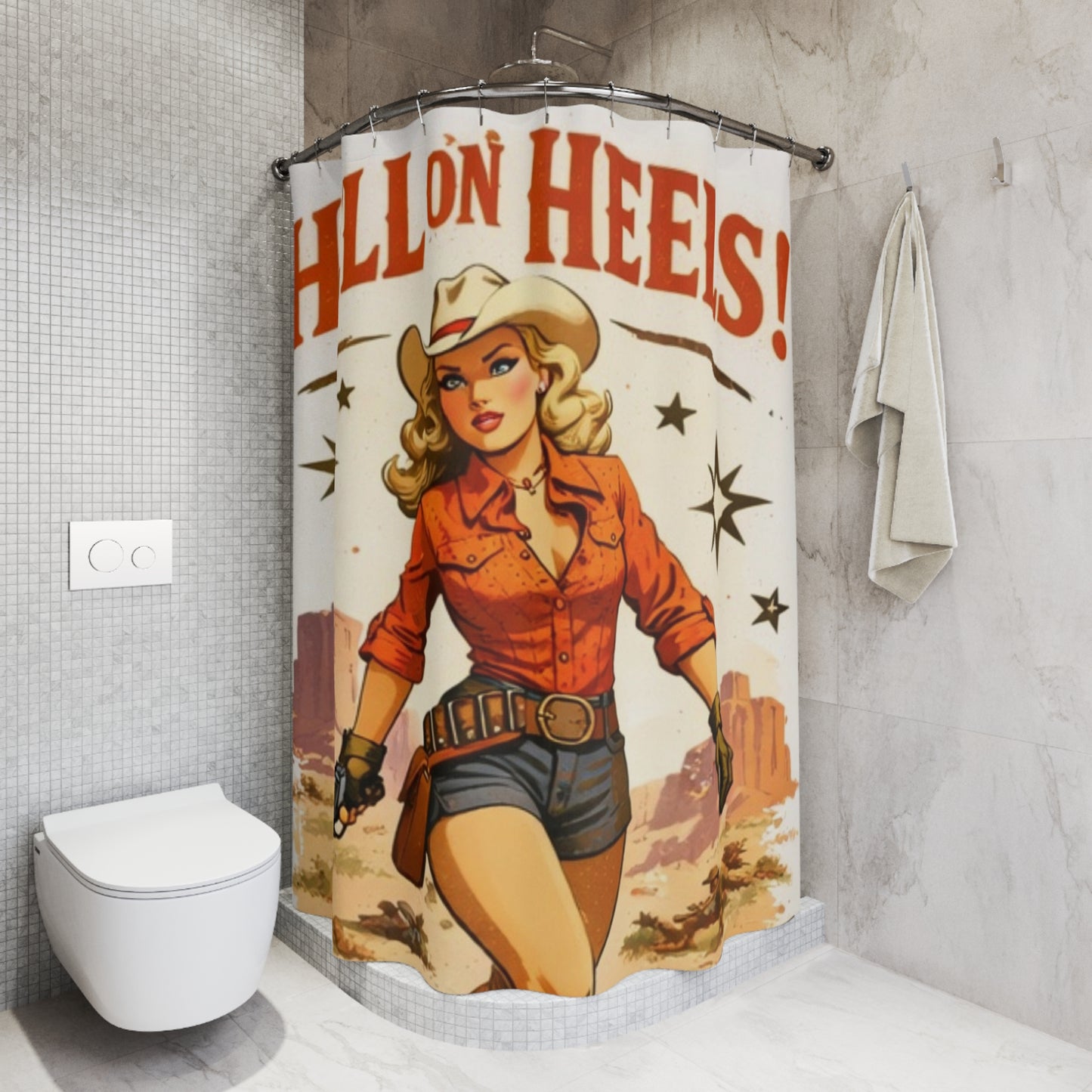 Shower Curtain — "Hell on Heels" Retro Cowgirl Western Bathroom Curtain