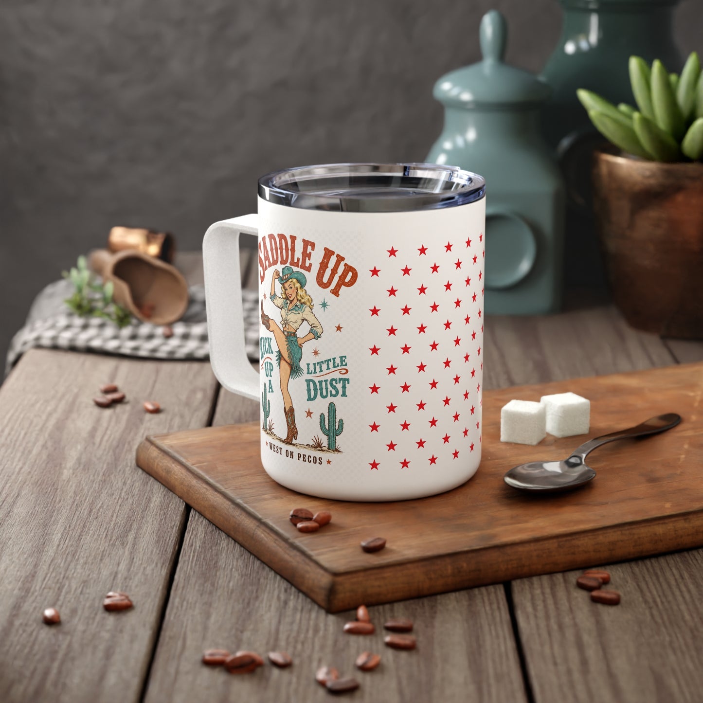 Western Coffee Mug – “Saddle Up” 10oz Insulated Travel Mug with Retro Cowboy Design