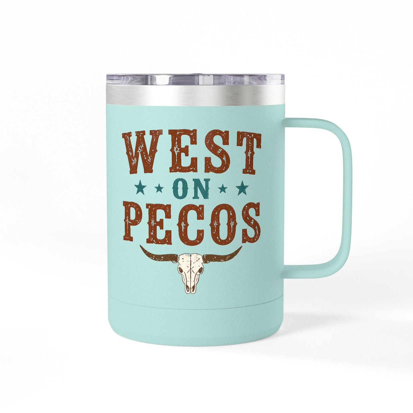 Western West on Pecos Coffee Mug — 15oz Rancher Travel Tumbler (No-Spill)