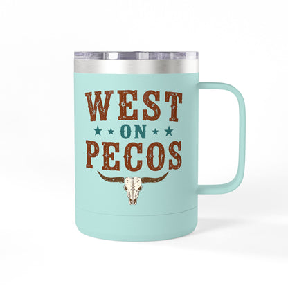 Western West on Pecos Coffee Mug — 15oz Rancher Travel Tumbler (No-Spill)