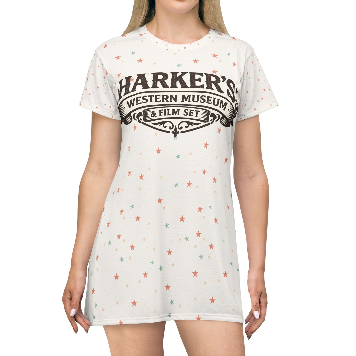Harker's Old West Lives Here T-Shirt Dress — Retro Cowgirl Stars Graphic