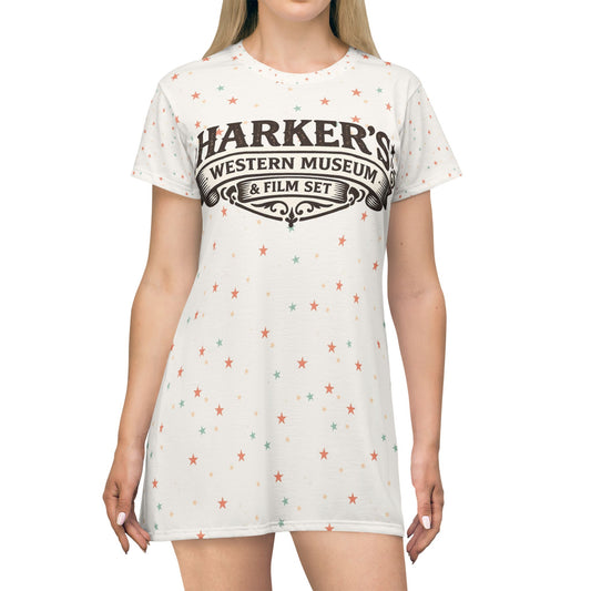 Harker's Old West Lives Here T-Shirt Dress — Retro Cowgirl Stars Graphic