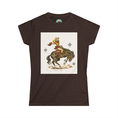 Western Cowgirl Riding Bucking Bronco T-Shirt — Vintage Rodeo Graphic Tee for Women