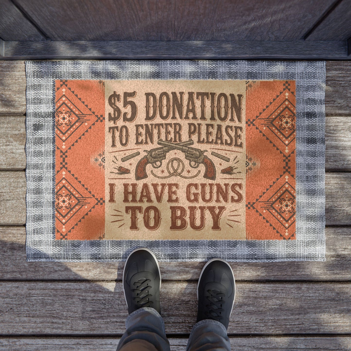 Funny Gun-Themed Doormat - Great for Gun Lovers, Entryway Decor, Home Welcome Mat, Unique Housewarming Gift, 5 Donation Humor Mat