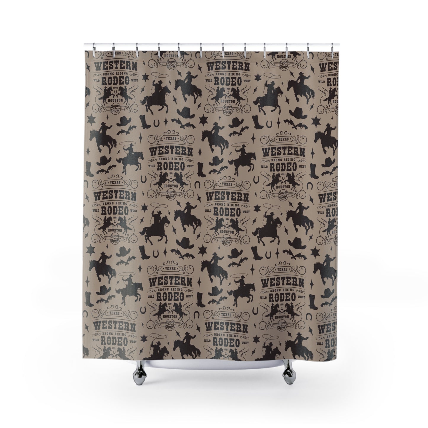 Western Rodeo Pattern Shower Curtain — Cowboy Boots, Hats & Horse Silhouettes