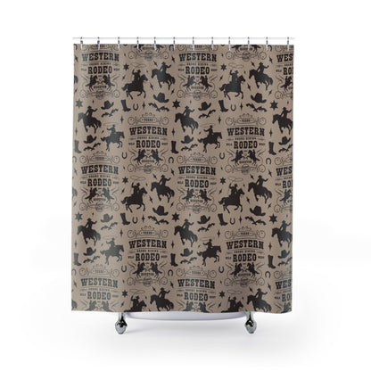 Western Rodeo Pattern Shower Curtain — Cowboy Boots, Hats & Horse Silhouettes