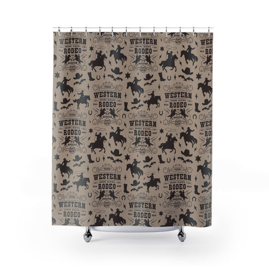 Western Rodeo Pattern Shower Curtain — Cowboy Boots, Hats & Horse Silhouettes