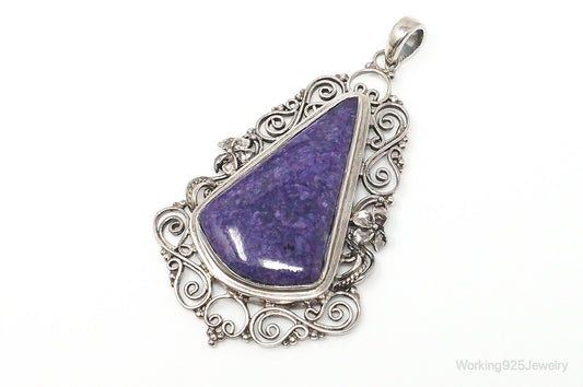 Vintage Purple Charoite Sterling Silver Floral Scroll Statement Necklace Pendant