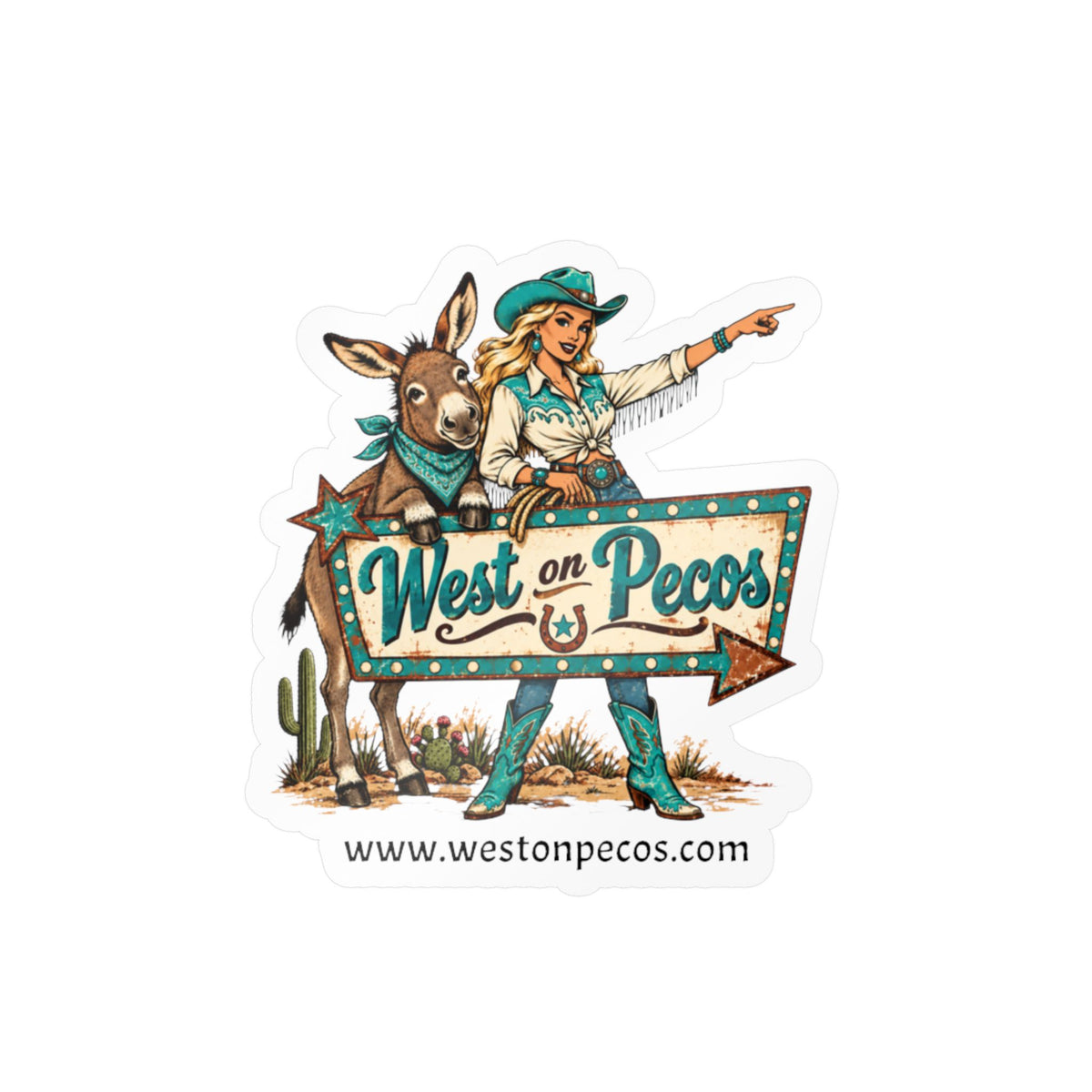 West on Pecos Cowboy Sticker — Kiss-Cut Vinyl Decal with Cowgirl & Donkey
