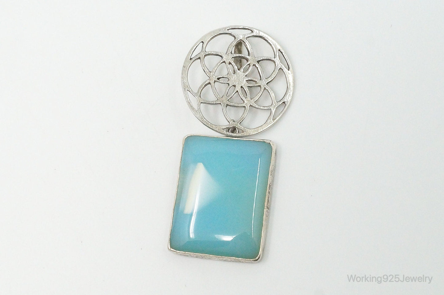 Vintage Large Blue Chalcedony Sterling Silver Necklace Pendant