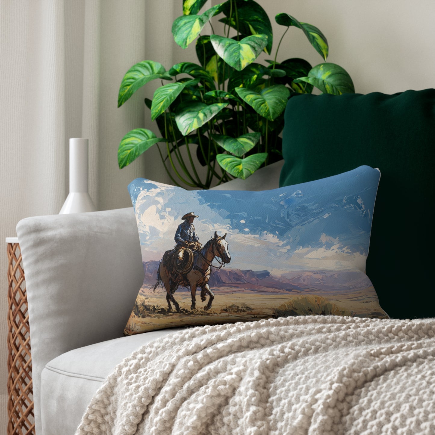 Western Cowboy Lumbar Pillow — Scenic Rider & Southwestern Aztec Throw Pillow