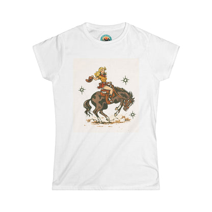Western Cowgirl Riding Bucking Bronco T-Shirt — Vintage Rodeo Graphic Tee for Women