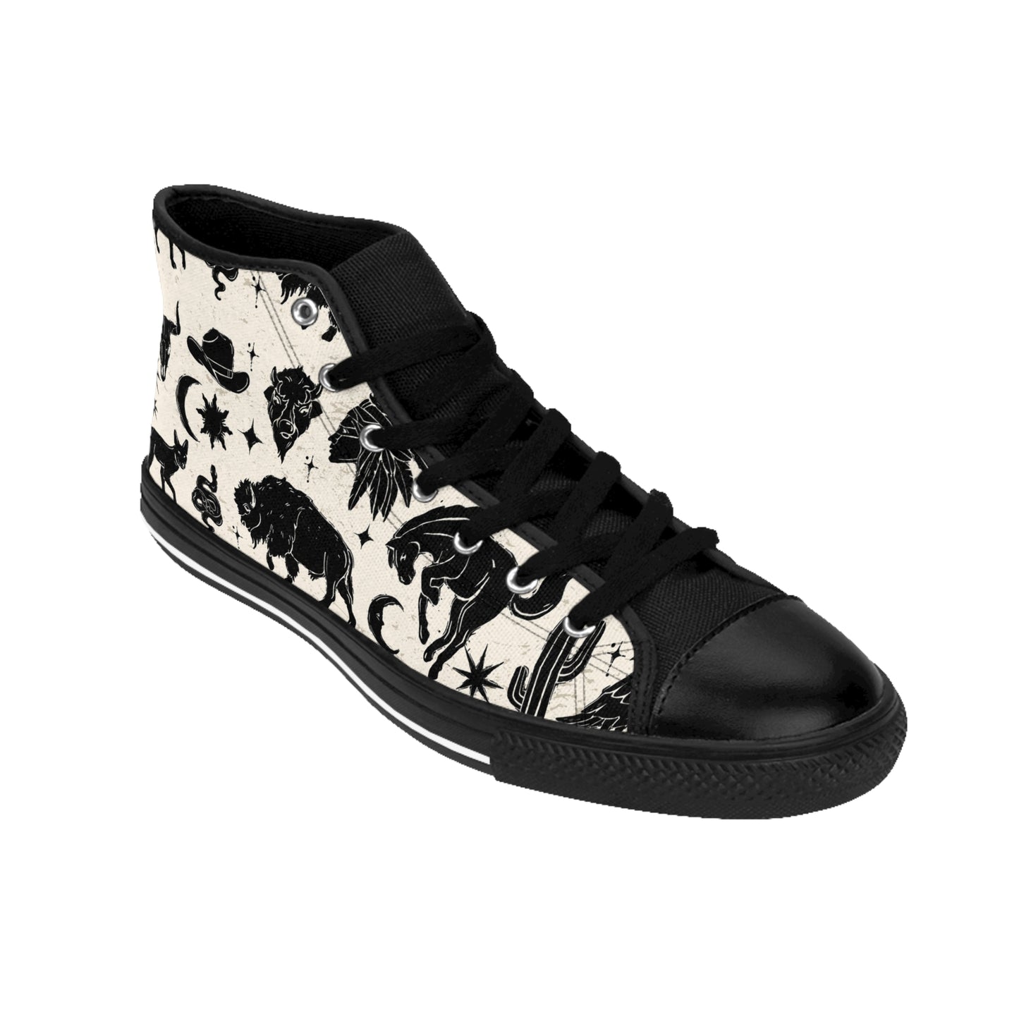Desert Night Bohemian High-Top Sneakers, Vintage Style Footwear, Black and White Patterned Shoes, Ideal for Festivals, Casual Outings