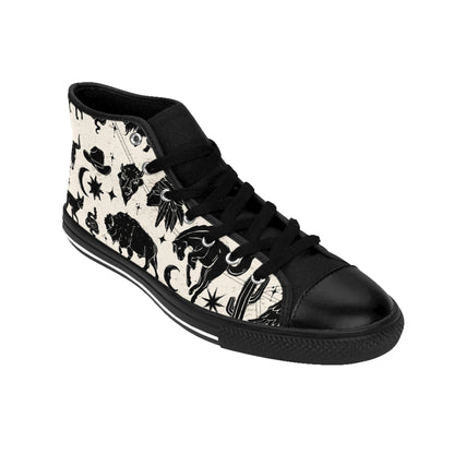 Desert Night Bohemian High-Top Sneakers, Vintage Style Footwear, Black and White Patterned Shoes, Ideal for Festivals, Casual Outings