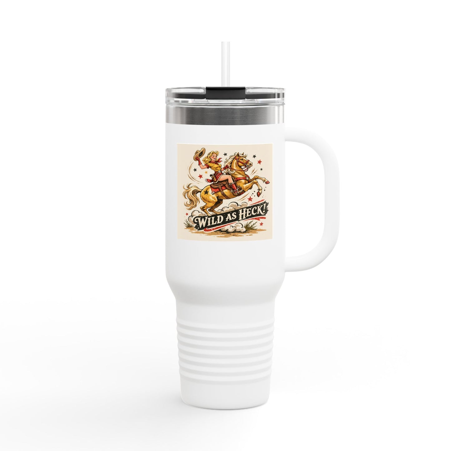 Wild As Heck 40oz Insulated Travel Mug — Retro Rodeo Horse Design
