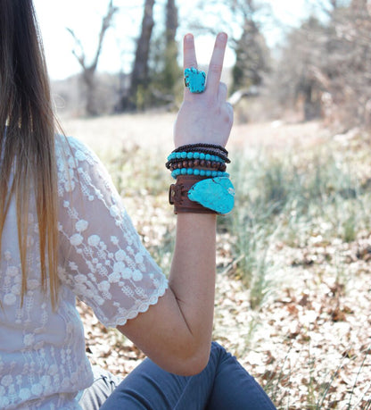 Genuine Leather Wide Cuff with Blue Turquoise Slab 230X
