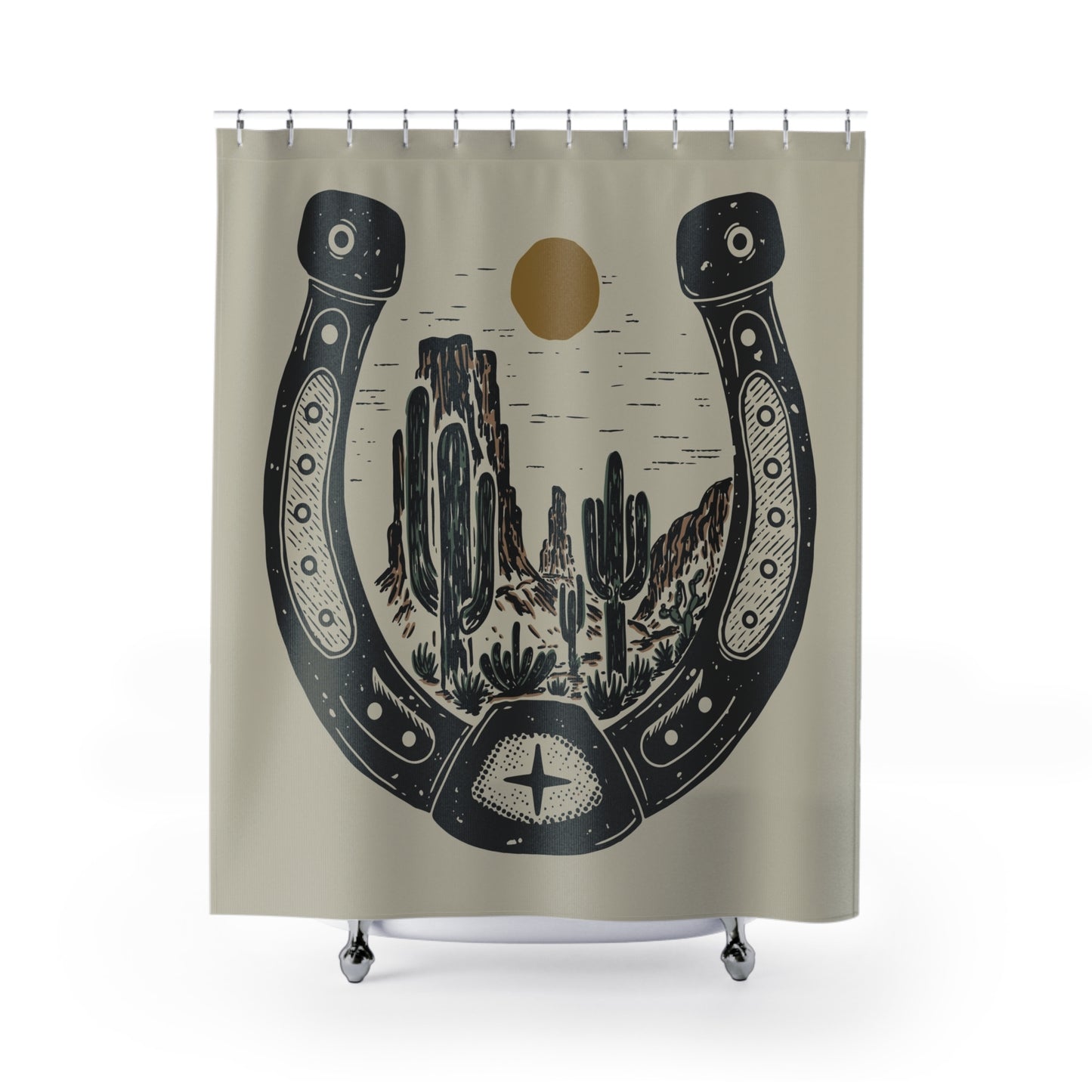 Desert Horseshoe Shower Curtain – Western Cactus Landscape Bathroom Decor