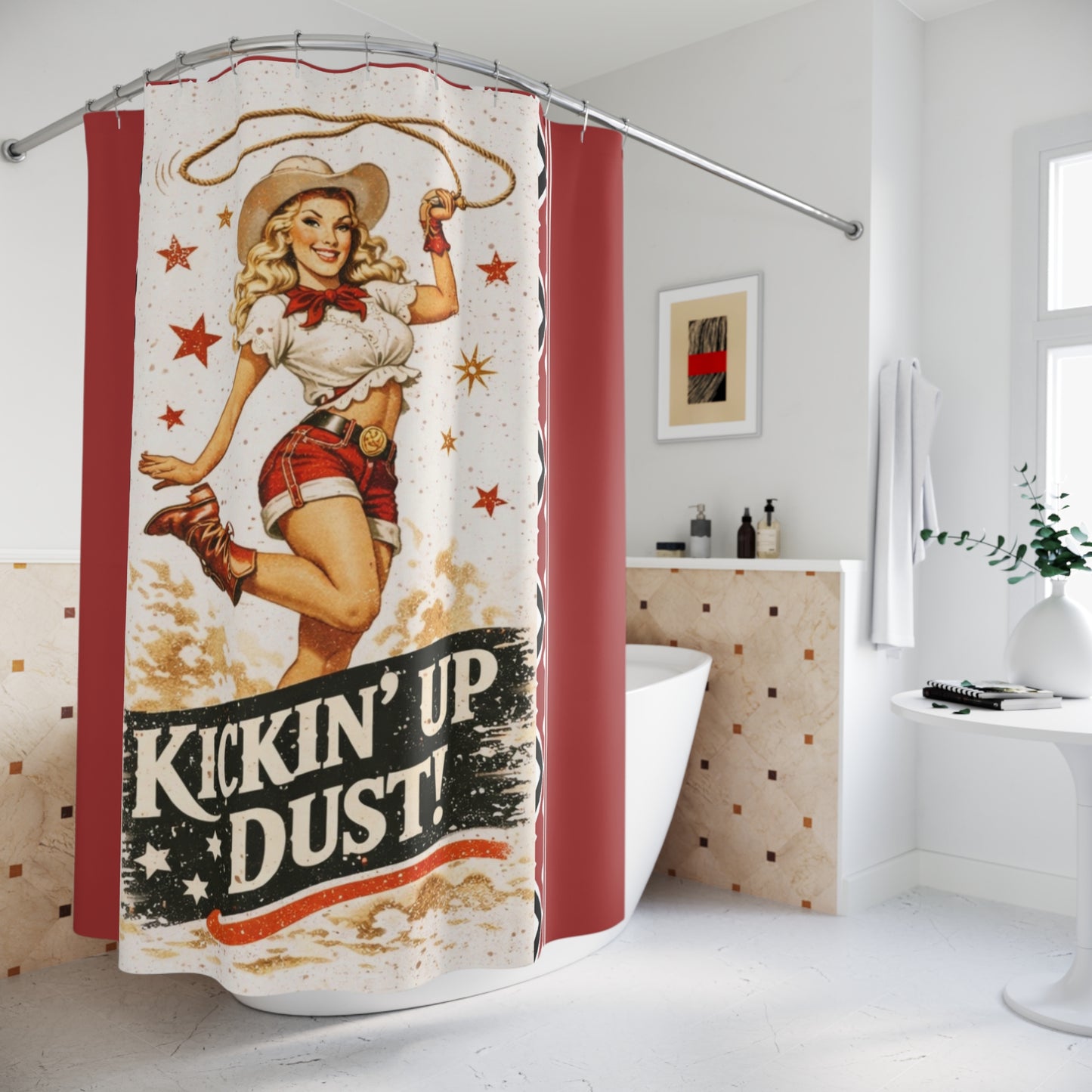 Kickin' Up Dust! Cowboy Pinup Shower Curtain — Retro Western Cowgirl Bathroom Decor