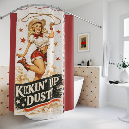 Kickin' Up Dust! Cowboy Pinup Shower Curtain — Retro Western Cowgirl Bathroom Decor