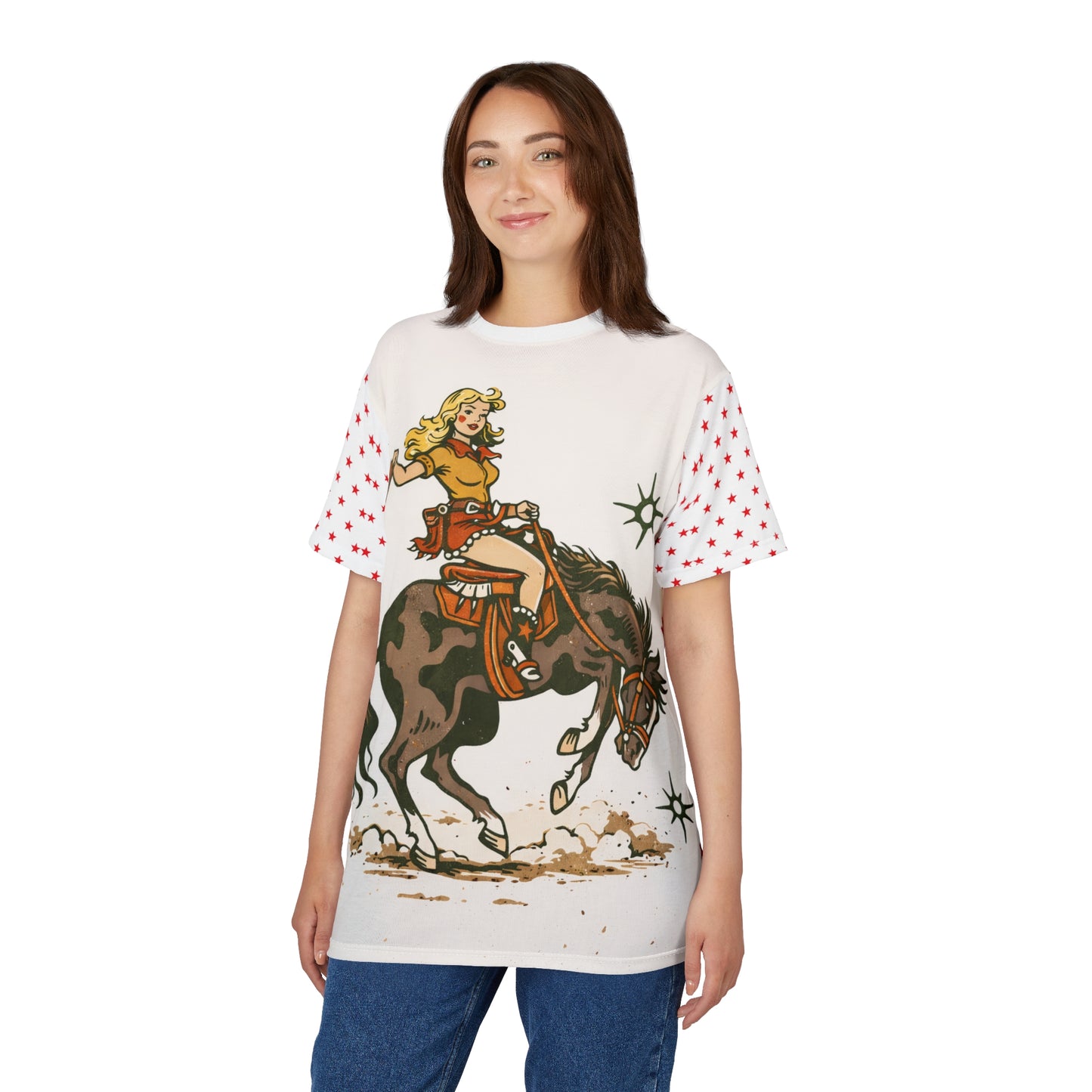 Cowgirl Retro Rodeo Tee — Vintage Bucking Bronco All-Over Print Shirt