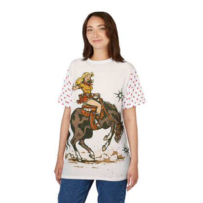 Cowgirl Retro Rodeo Tee — Vintage Bucking Bronco All-Over Print Shirt