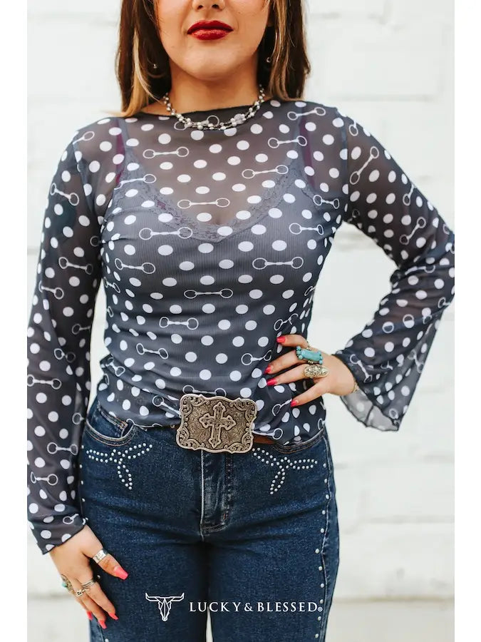 Navy Polka Dot Horse Bit Mesh Top