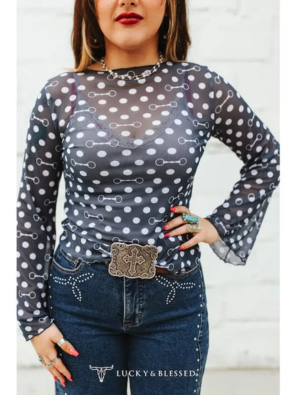 Navy Polka Dot Horse Bit Mesh Top