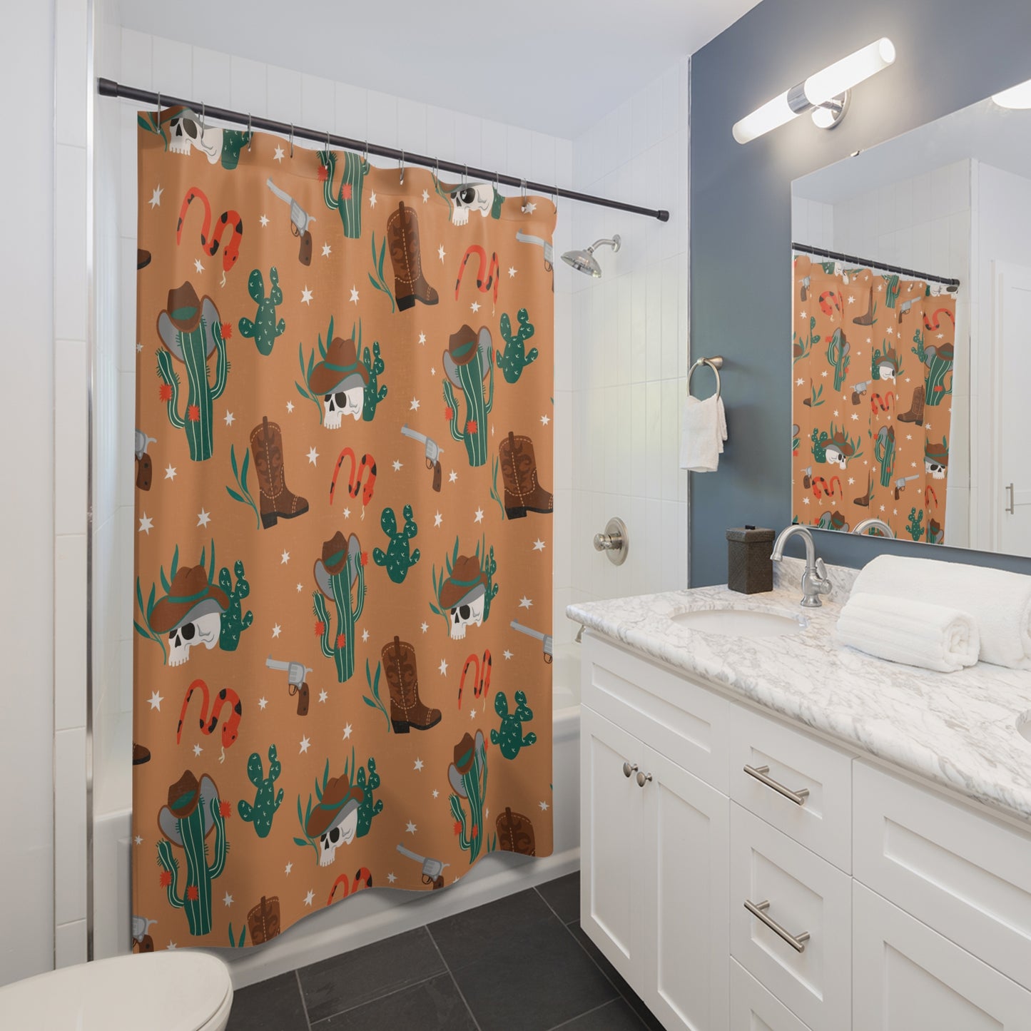 Western Desert Shower Curtain — Cowboy Skull, Cactus & Boots Bath Decor