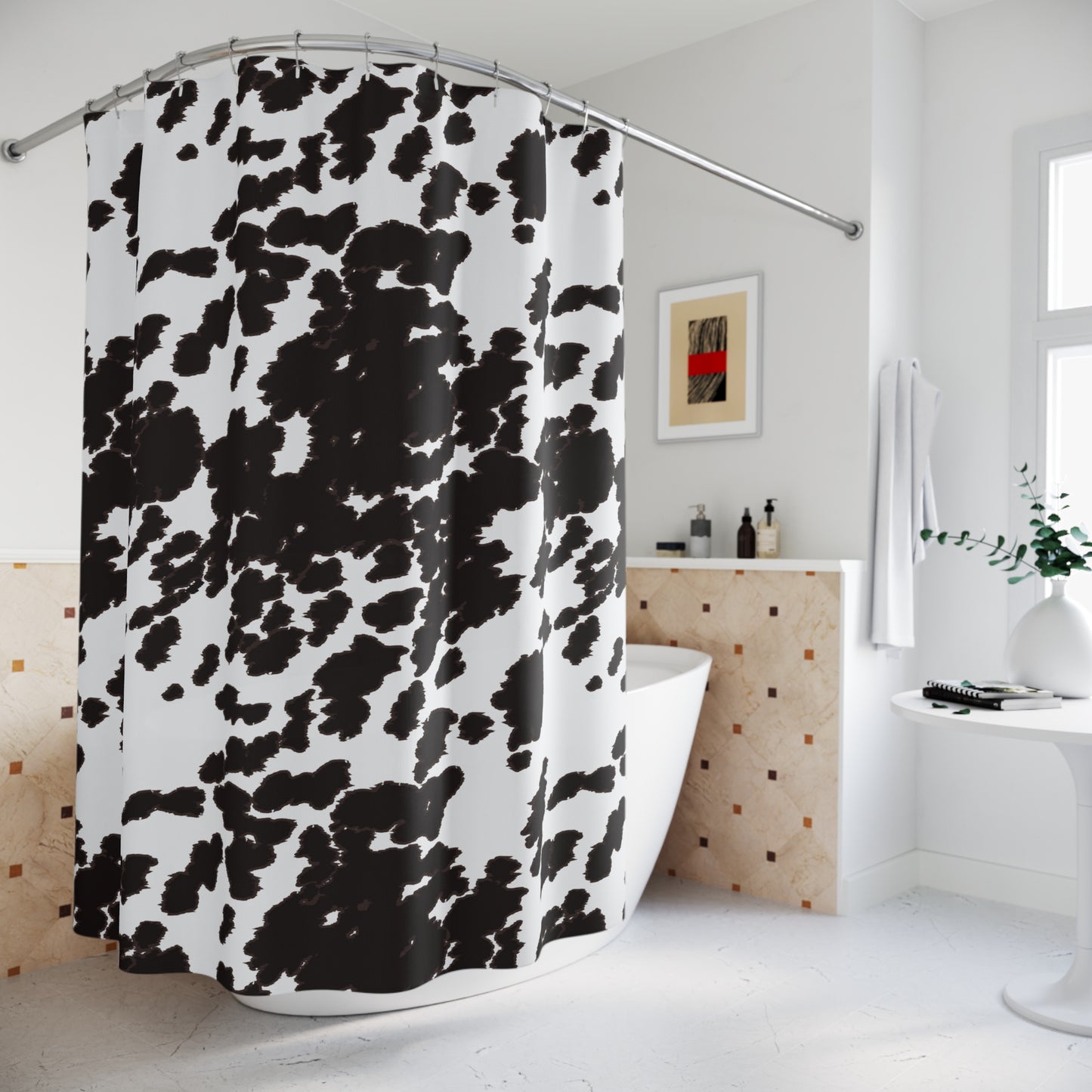 Cow Print Shower Curtain — Black & White Farmhouse Bath Decor