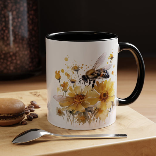 Golden Bee Wildflower Ceramic Coffee Mug - Cottage Style Coffee Mug