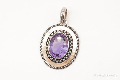 Large Vintage Amethyst Two Tone Sterling Silver Pendant