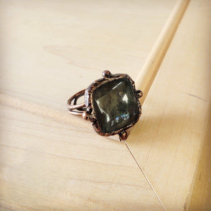 Genuine Labradorite Ring Square Antique Copper 012xa*
