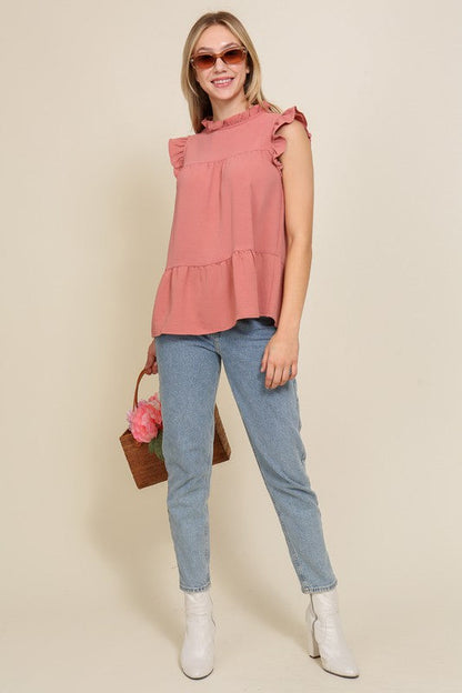 BABYDOLL TOP WITH RUFFLE SLEEVES AND NECKLINE