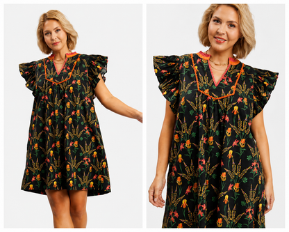 Midnight Garden Flutter Sleeve Dress
