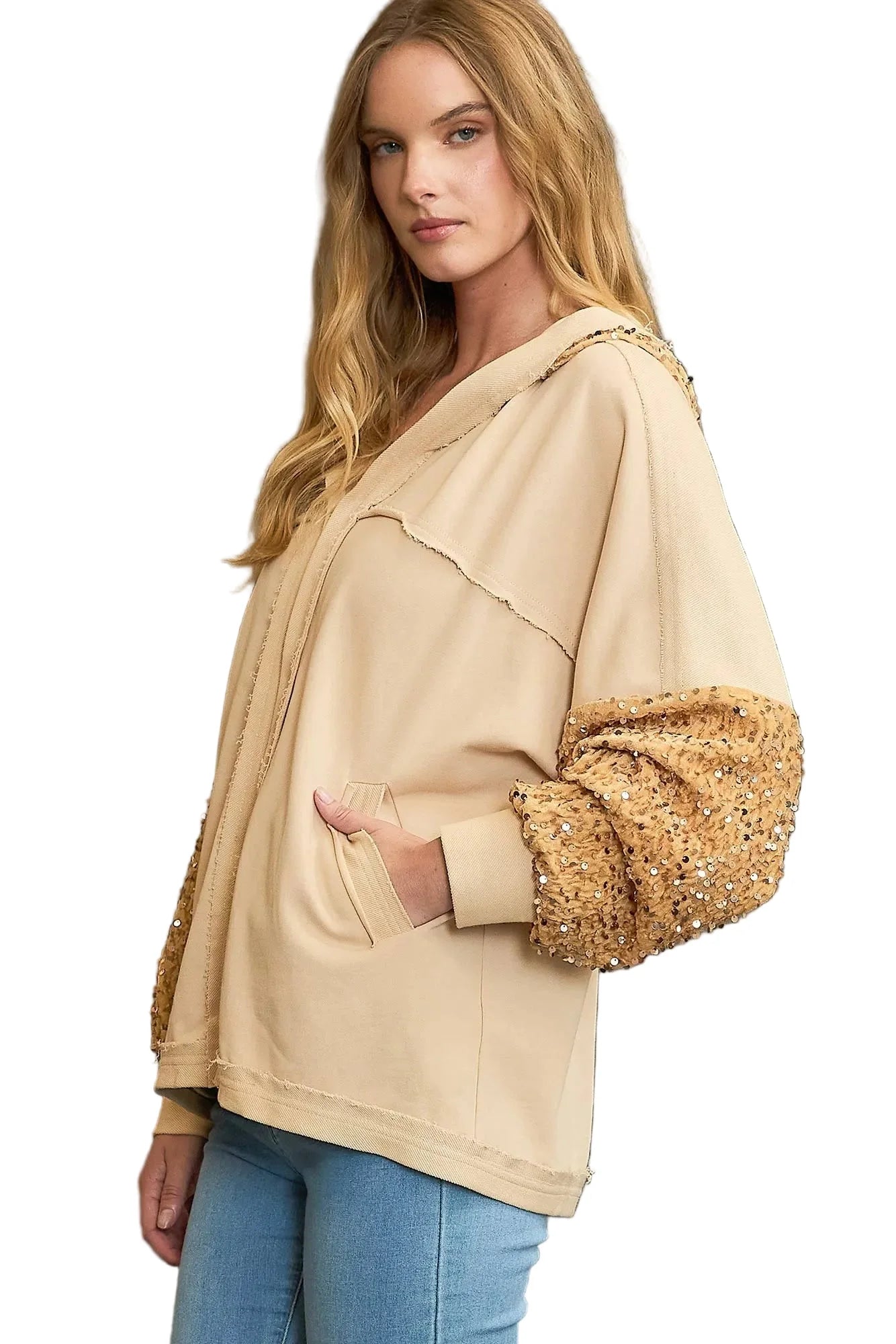 Garden Naked Womens Casual Bomber Jacket Sequin Embellished Hooded Cardigan Sparkly Beige Evening Party