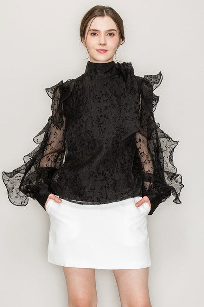High Neck Long Sleeve Floral Print Frilled Blouse