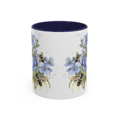 Botanical Bee Blue Floral Ceramic Coffee Mug - Cottage Style Coffee Mug
