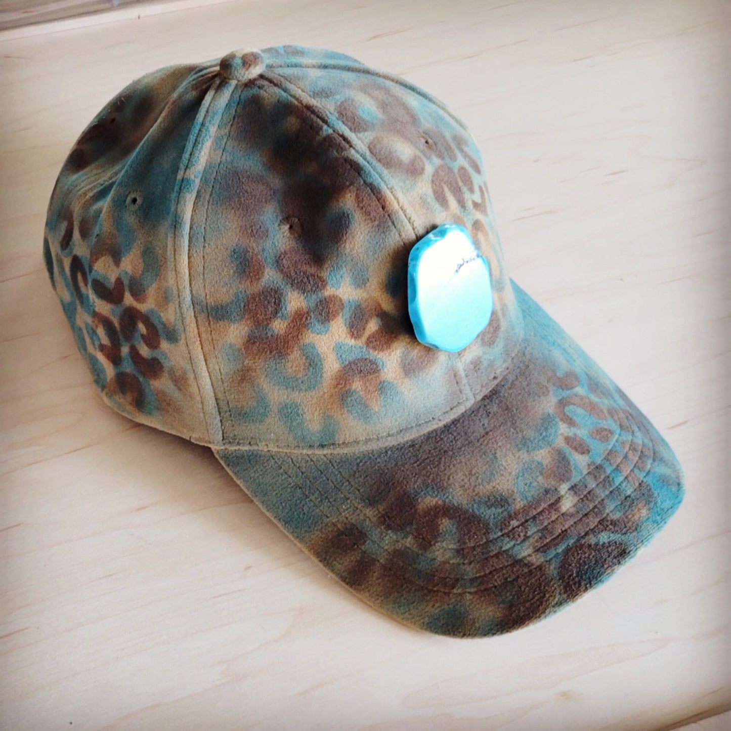 Hand-Painted Leopard Suede Baseball Cap Tan & Turq 986p