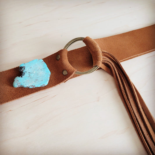 Suede Leather Belt with Leather Fringe Closure and Turq Slab 908s