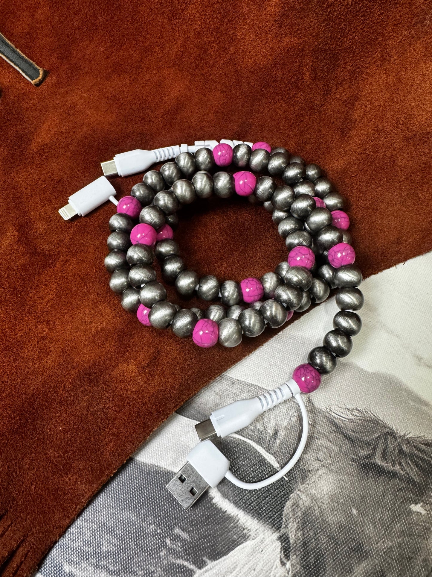 4-Way Faux Pearl Beaded Phone Charger - Pink