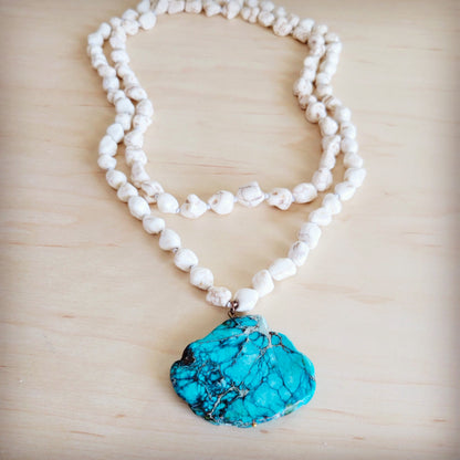 Long White Turquoise Beaded Necklace w/ Genuine Regalite Pendant 263c