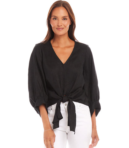 Blouson Sleeve Linen Tie-Front Top