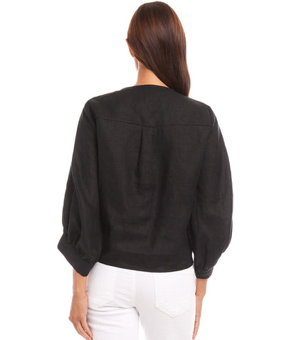 Blouson Sleeve Linen Tie-Front Top