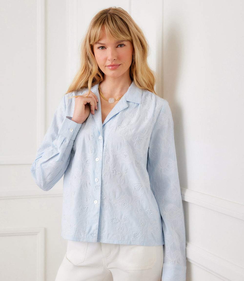 Petite Size Stripe Long Sleeve Embellished Button-Up Shirt