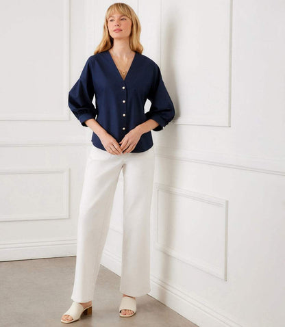 Lantern Sleeve Pearl Button Top