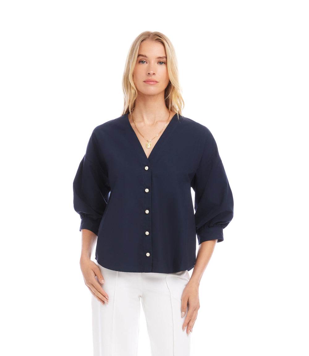 Lantern Sleeve Pearl Button Top