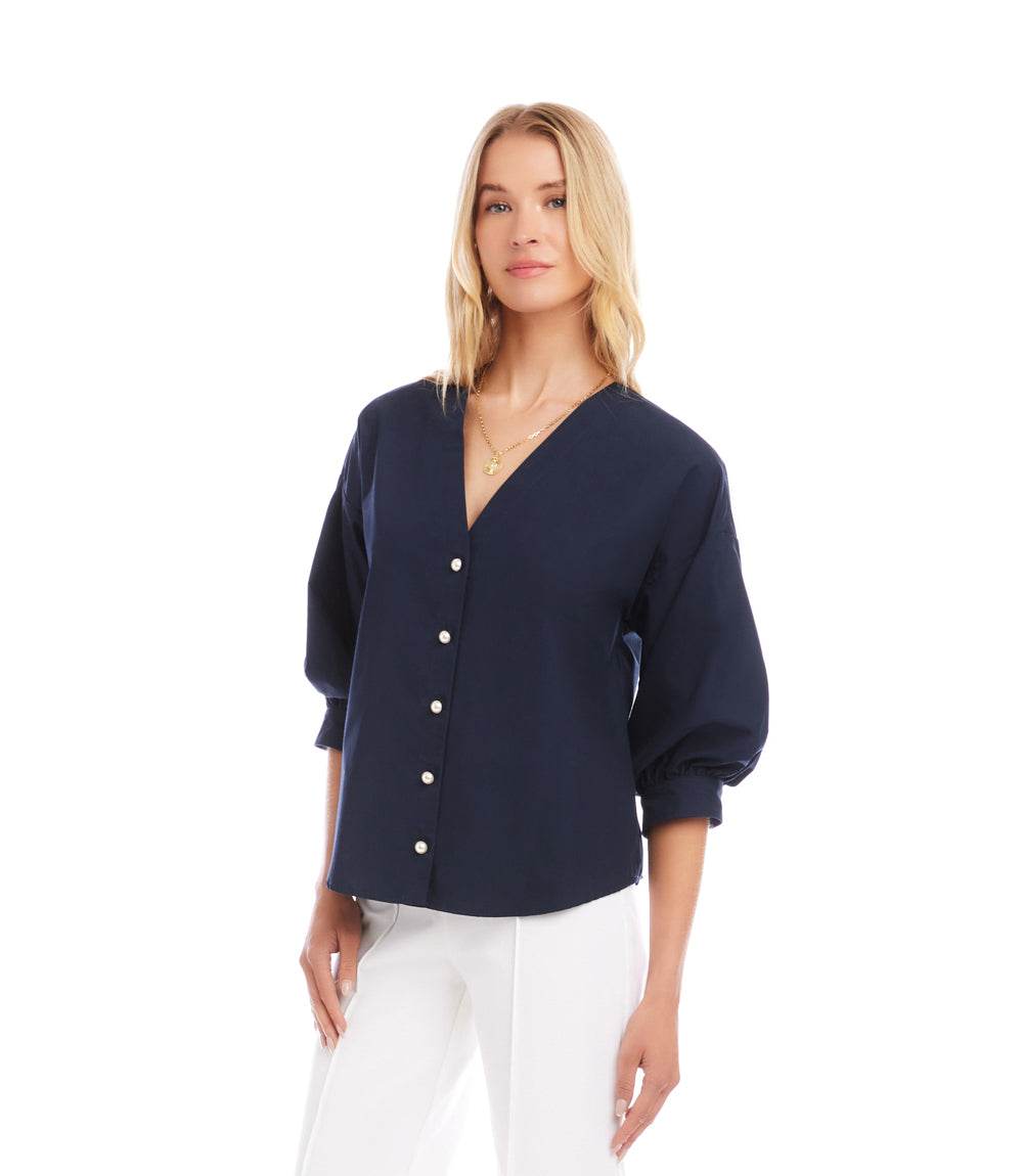 Lantern Sleeve Pearl Button Top